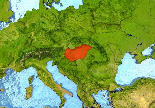 Top-down,View,Of,Hungary,Highlighted,In,Red,With,Surrounding,Region.